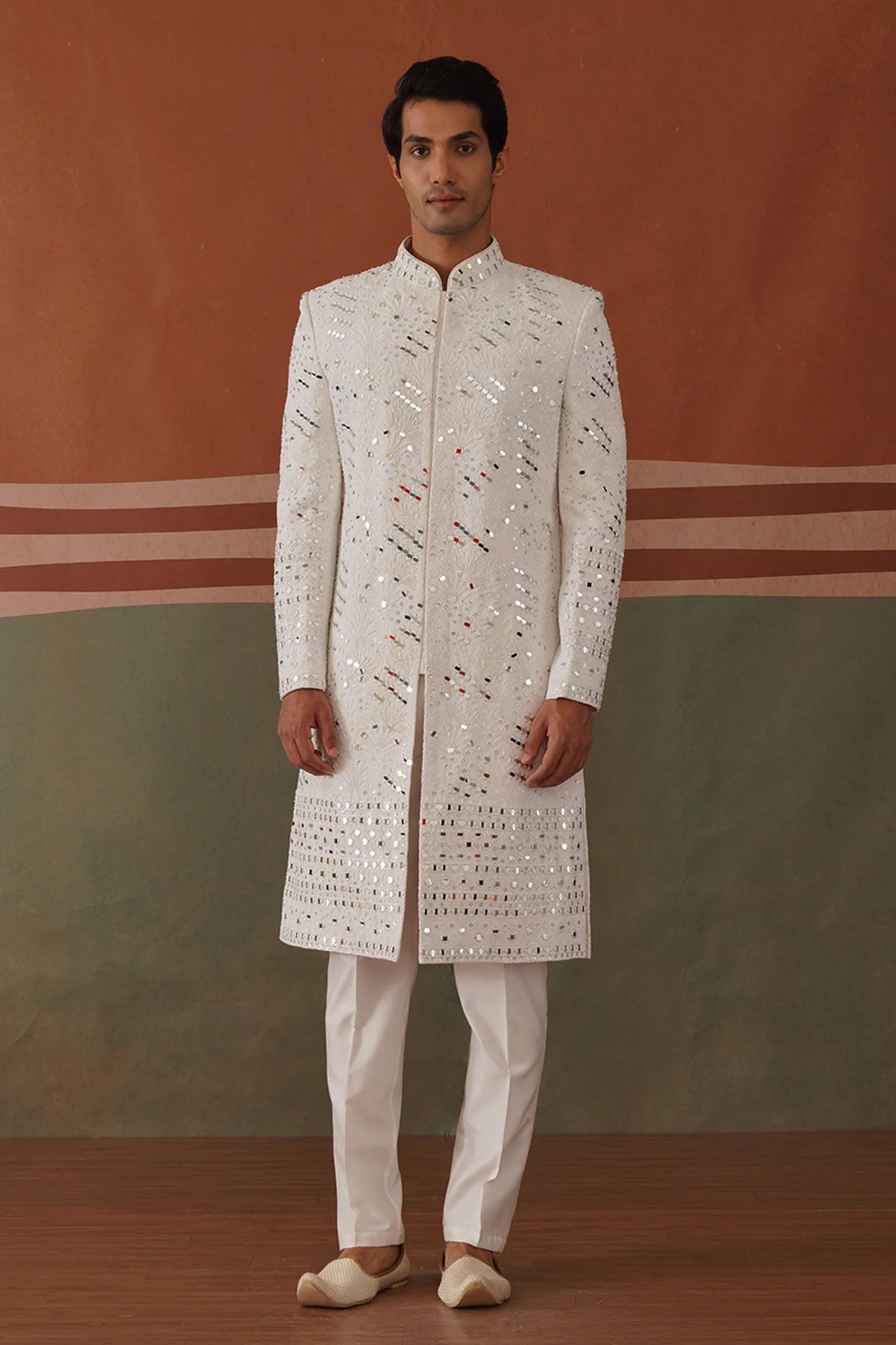 Traditional White Sherwani Set with Mirror Work – Kyran