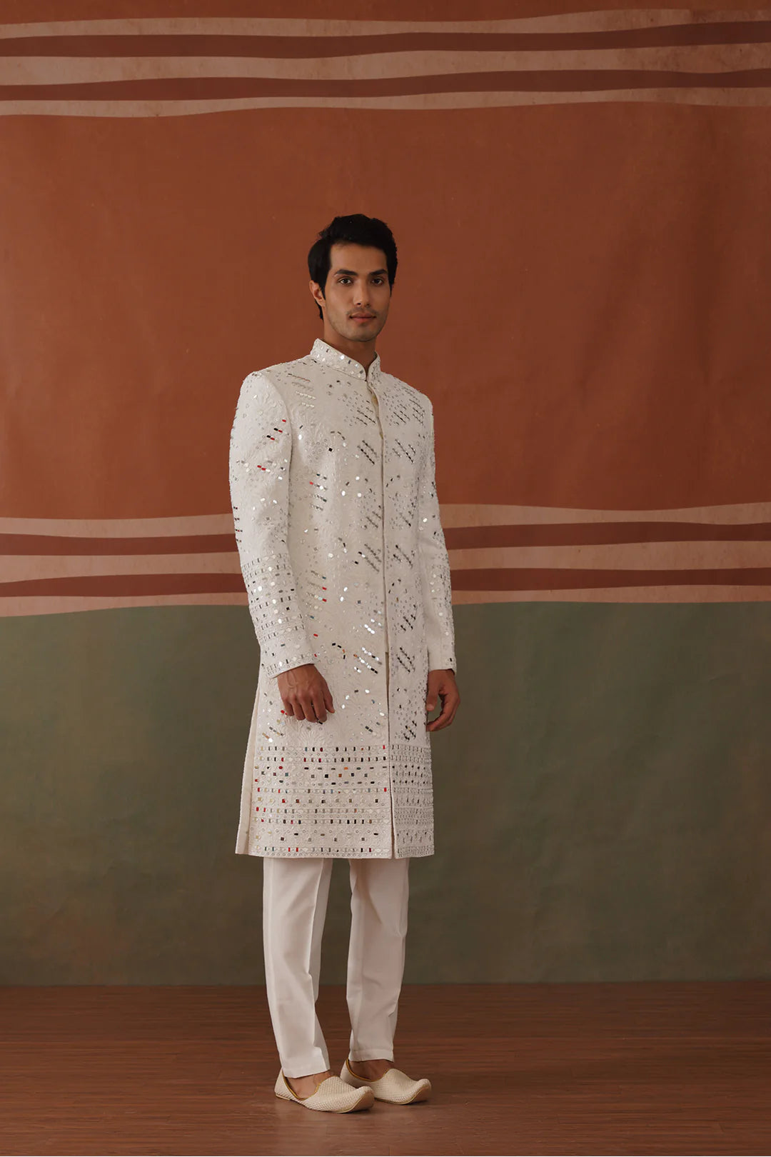 Traditional White Sherwani Set with Mirror Work – Kyran
