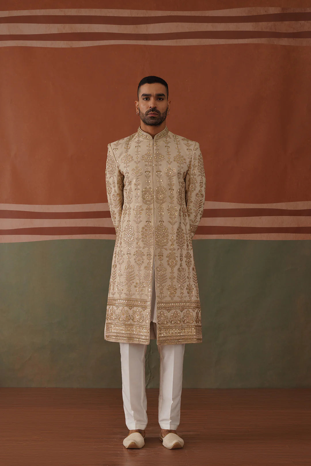 Elegant Rehan Sherwani in Soft Mehandi Hue
