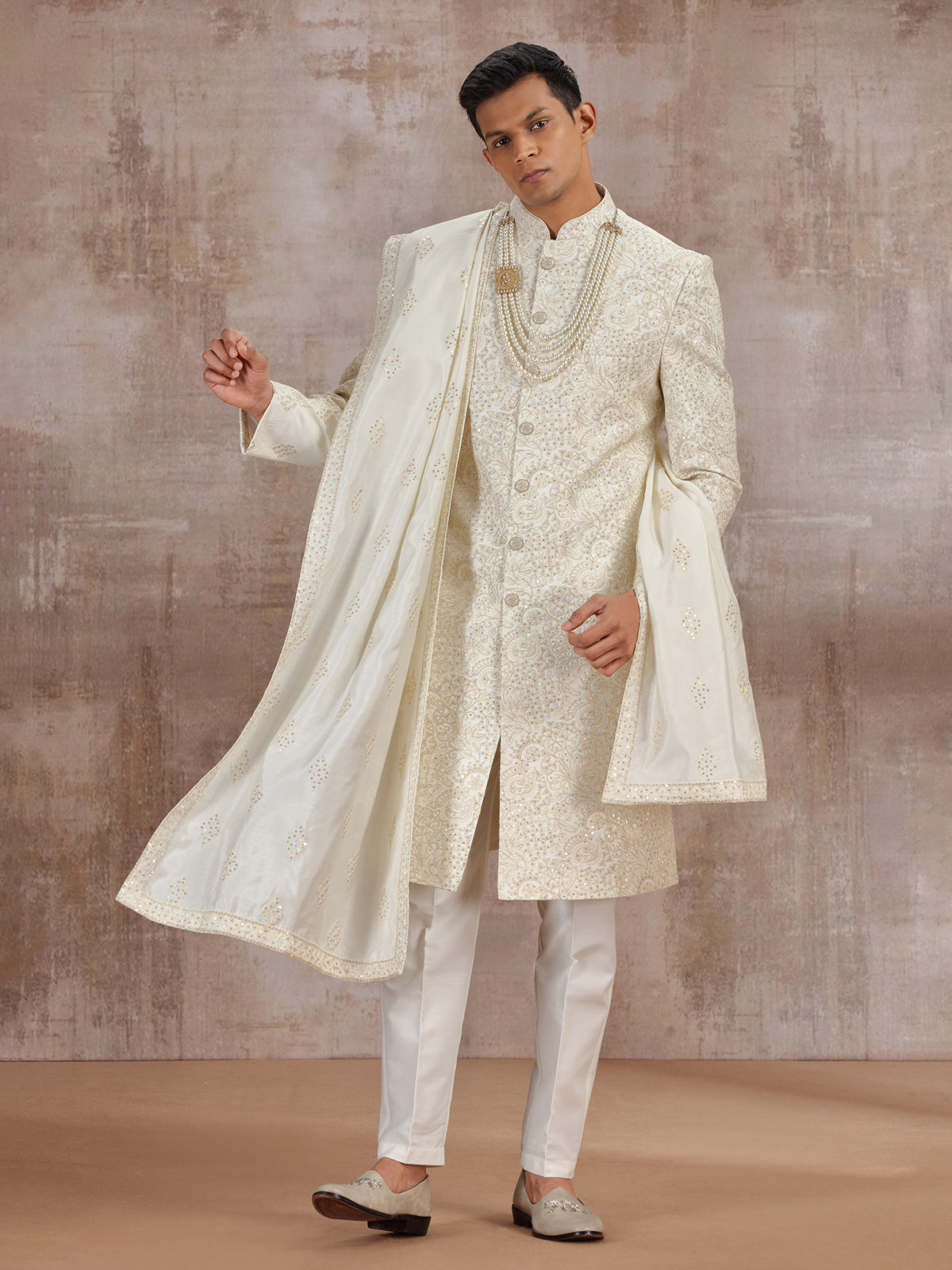 Men’s Cream Silk Sherwani Set with Dupatta for Weddings