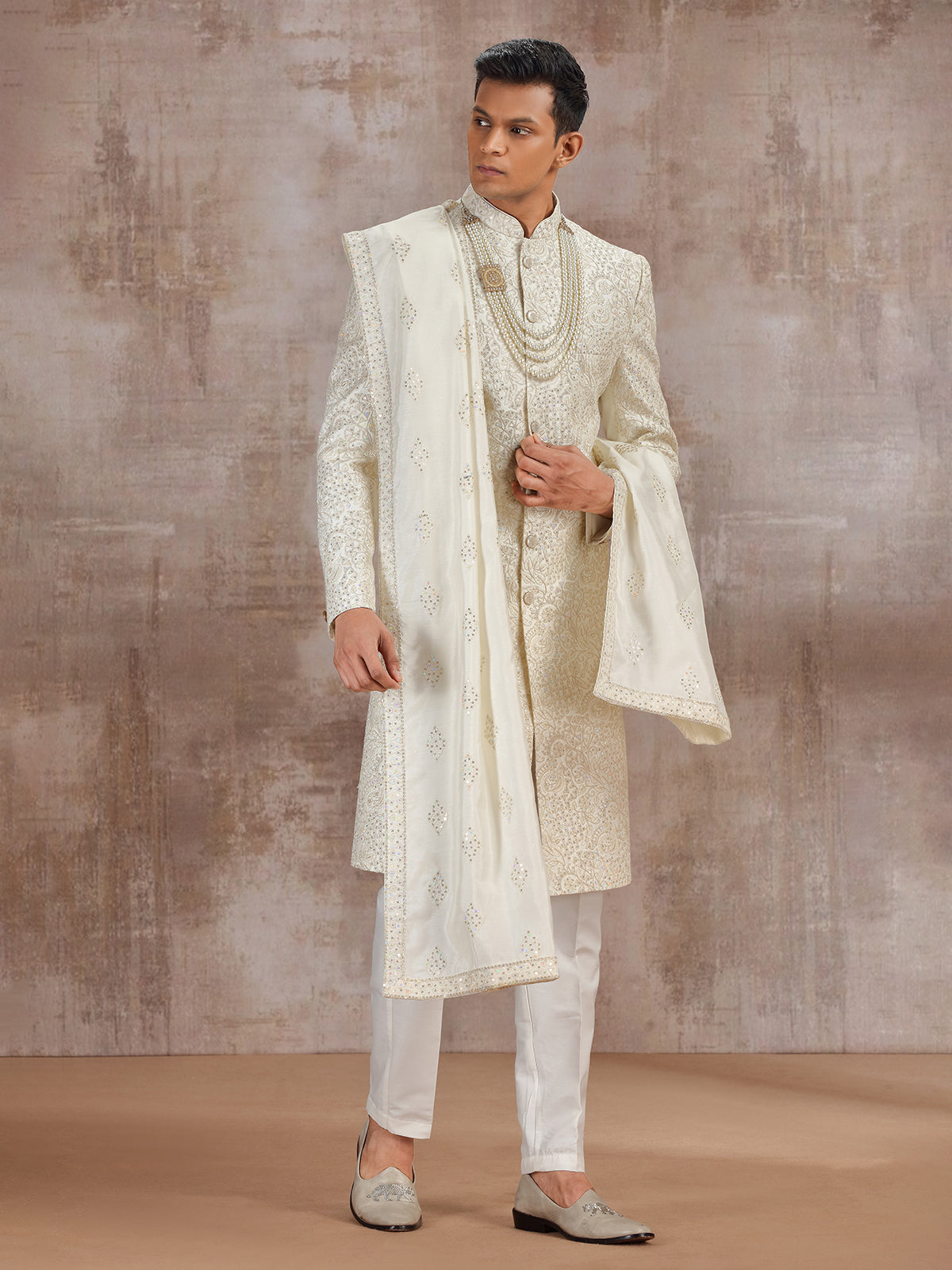 Men’s Cream Silk Sherwani Set with Dupatta for Weddings