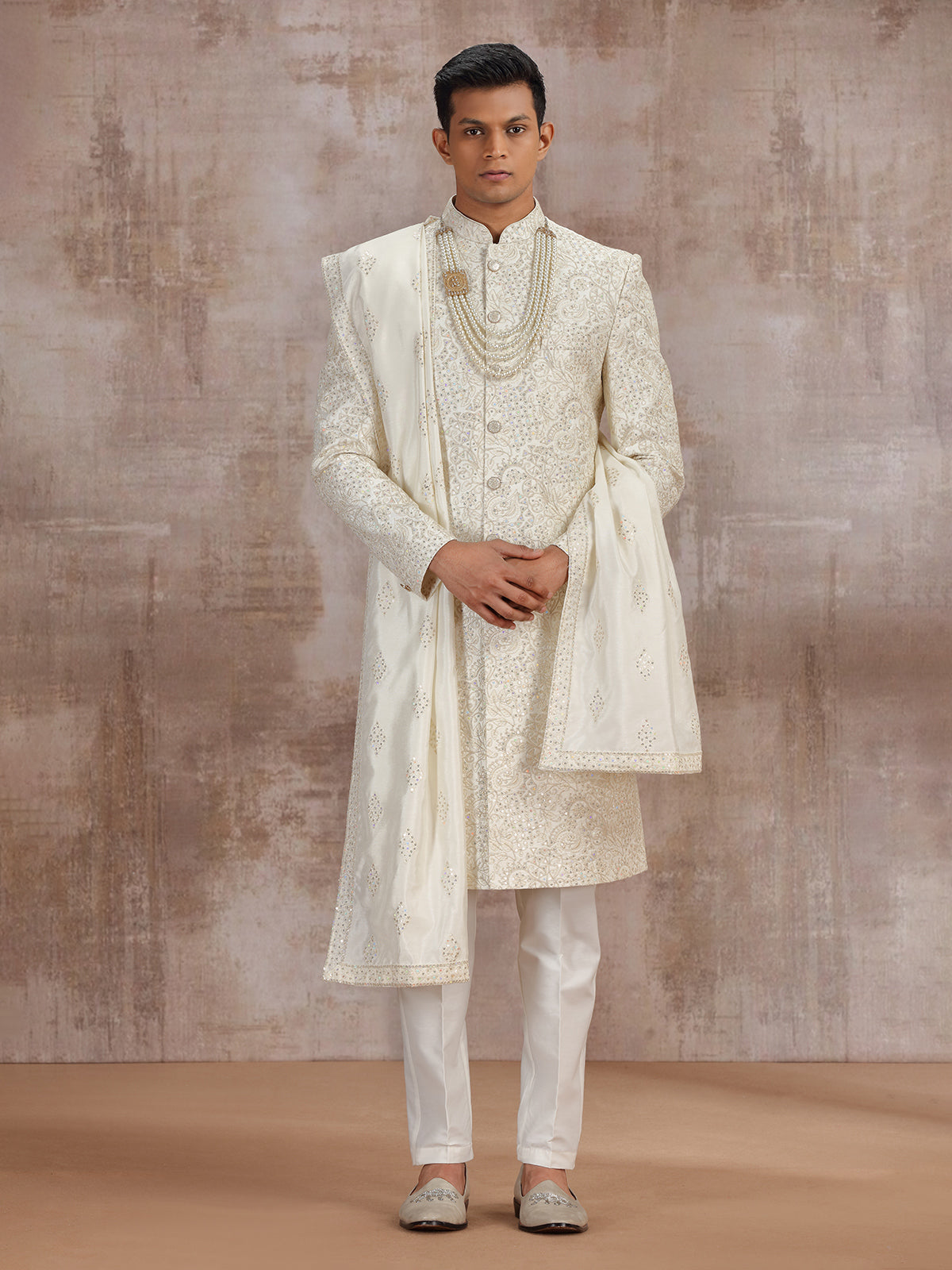 Men’s Cream Silk Sherwani Set with Dupatta for Weddings