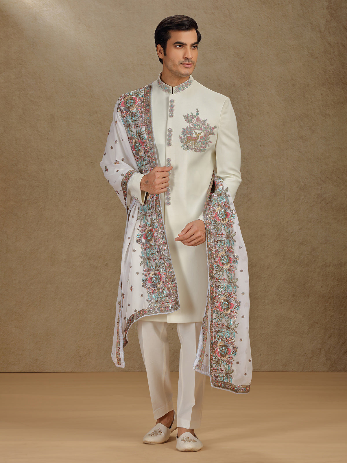 Elegant Cream Terry Rayon Indo-Western Set with Dupatta