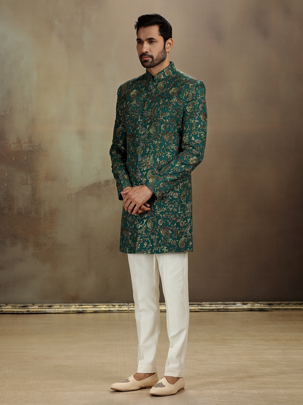 Charming Indo-Western Attire in Green Modal Silk for Celebrations