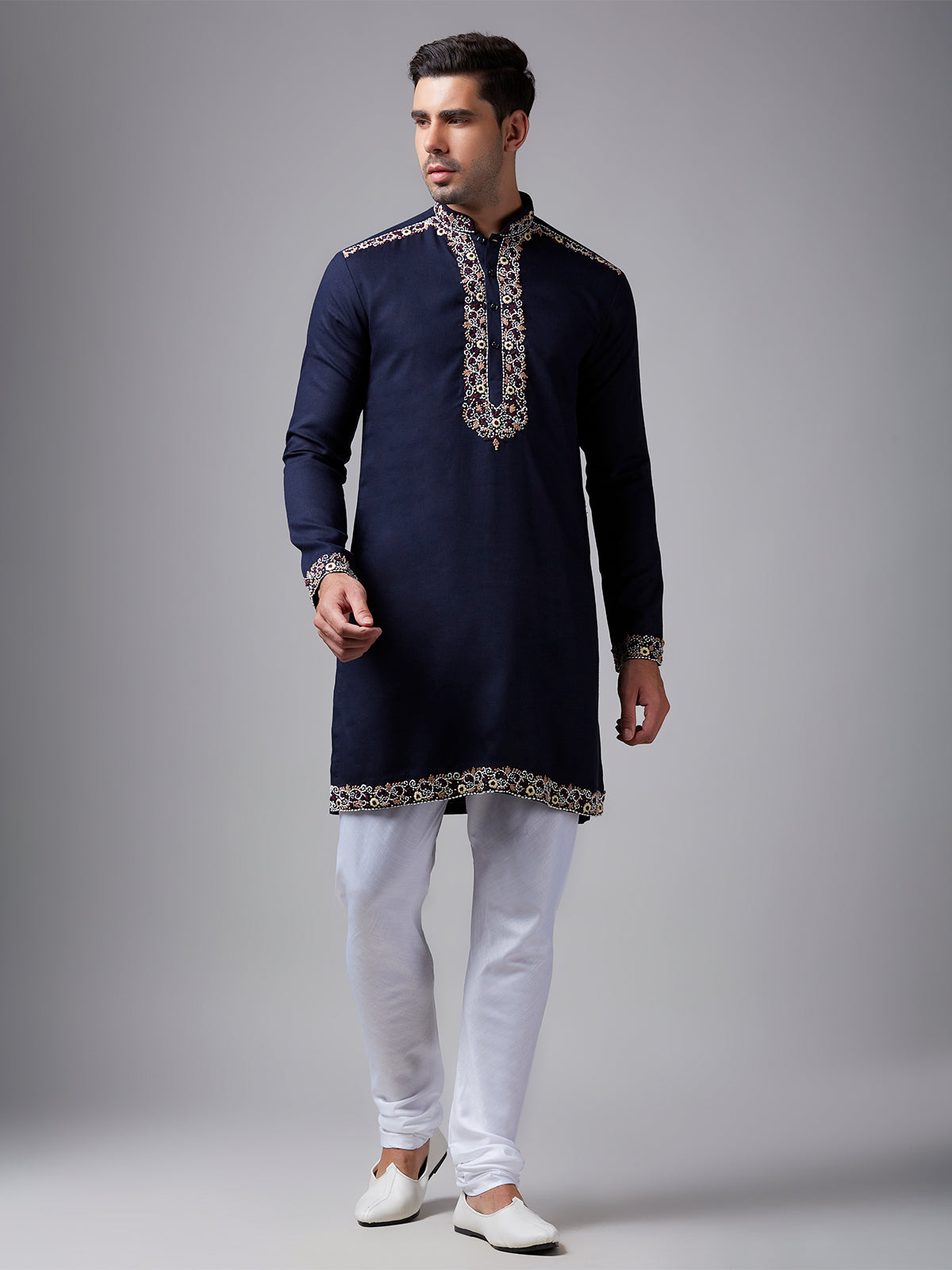 Elegant Navy Silk Kurta Pajama with Handwork for Men