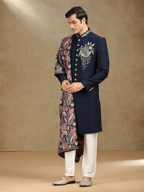 Elegant Indo-Western Attire in Rama Blue Terry Rayon with Printed Dupatta