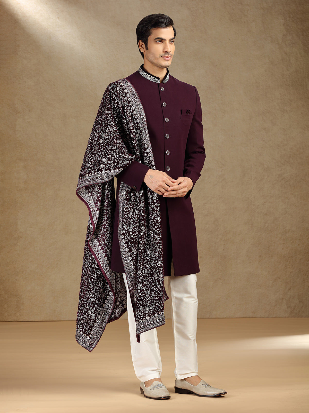 Wine Terry Rayon Fusion Outfit with Dupatta – Perfect for Wedding Wear