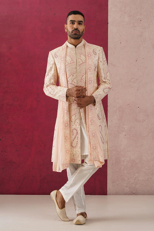 Arjun Peach Sherwani Ensemble with Intricate Mirror Work