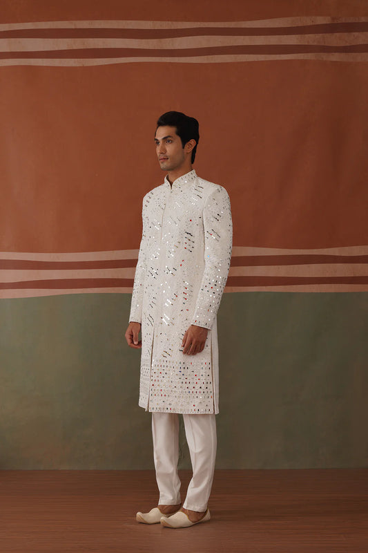 Traditional White Sherwani Set with Mirror Work – Kyran