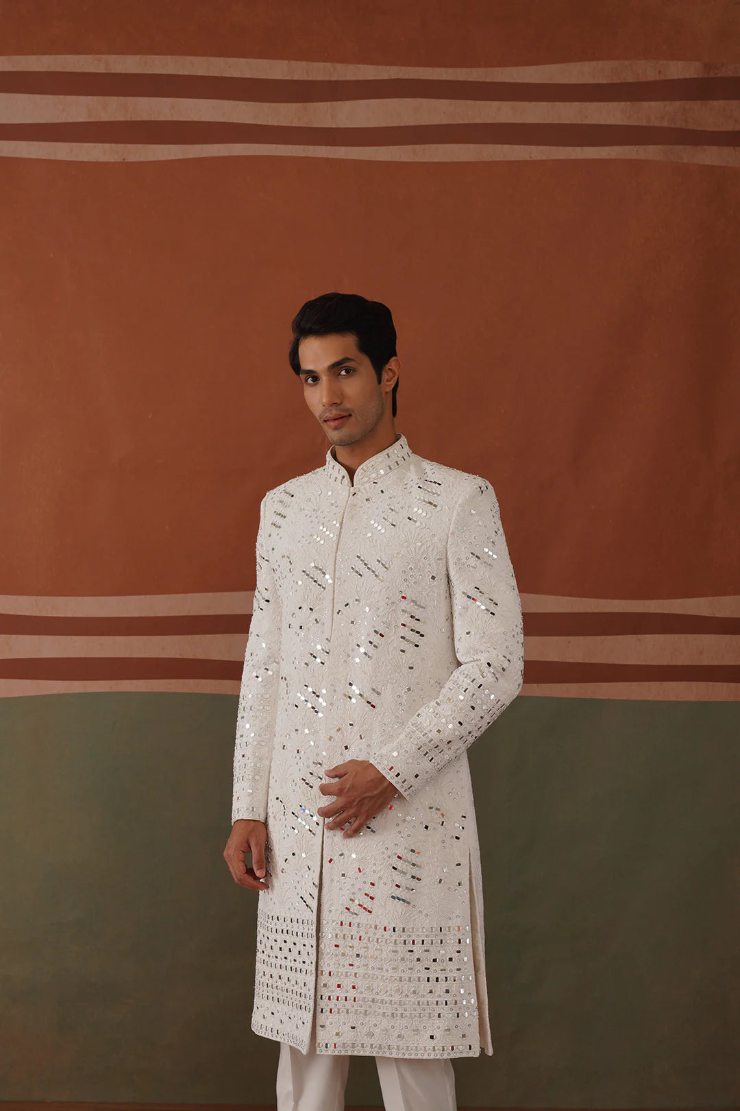 Traditional White Sherwani Set with Mirror Work – Kyran
