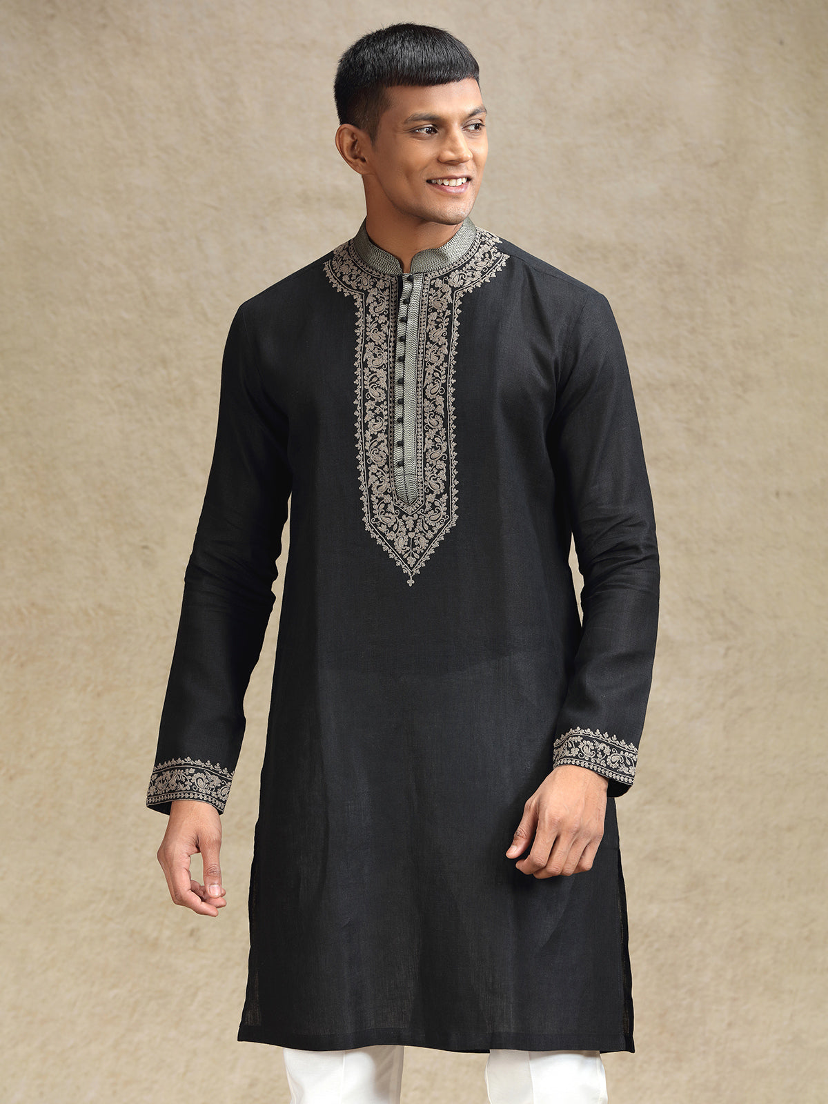 Men’s Black Kurta Pajama Featuring Ethereal Charm