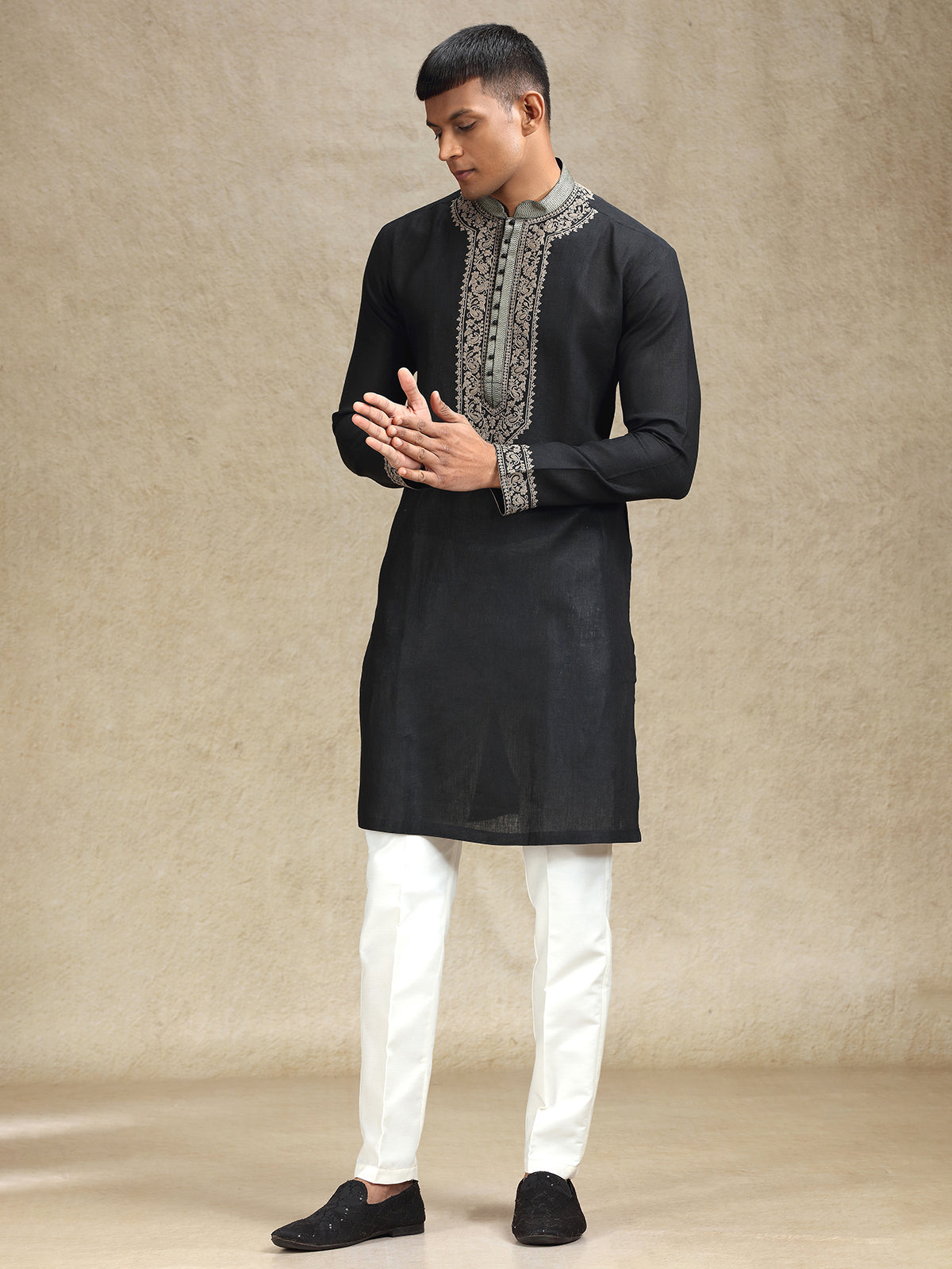 Men’s Black Kurta Pajama Featuring Ethereal Charm