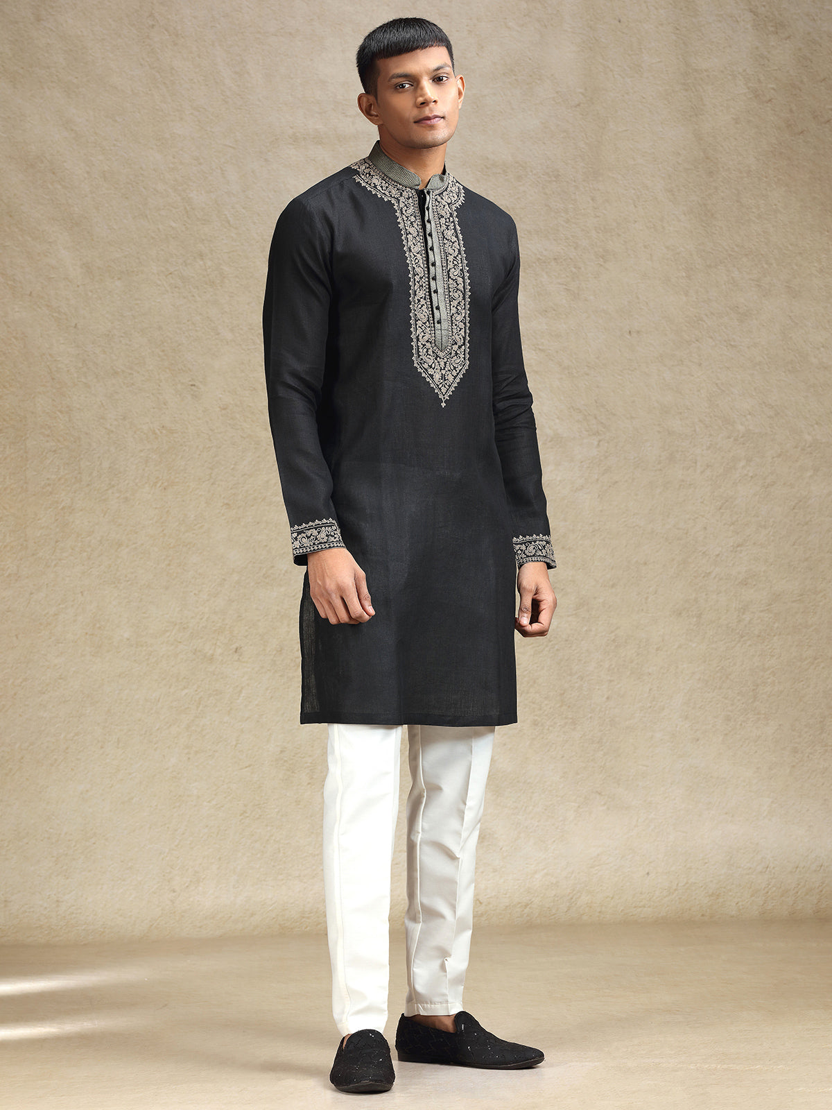 Men’s Black Kurta Pajama Featuring Ethereal Charm