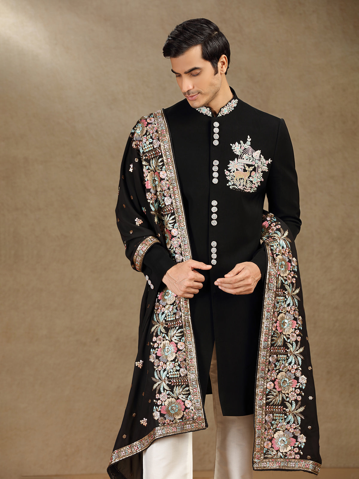 Elegant Black Terry Rayon Indo-Western Set for Men with Dupatta
