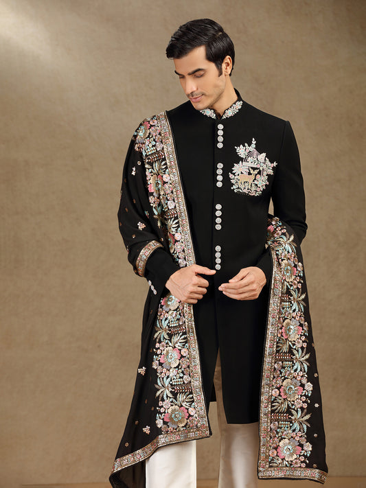 Elegant Black Terry Rayon Indo-Western Set for Men with Dupatta