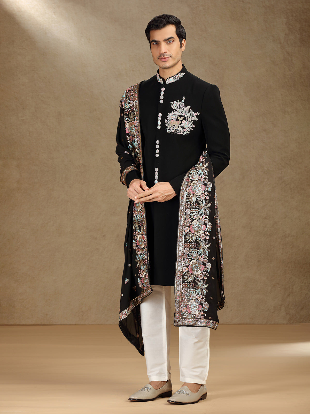 Elegant Black Terry Rayon Indo-Western Set for Men with Dupatta
