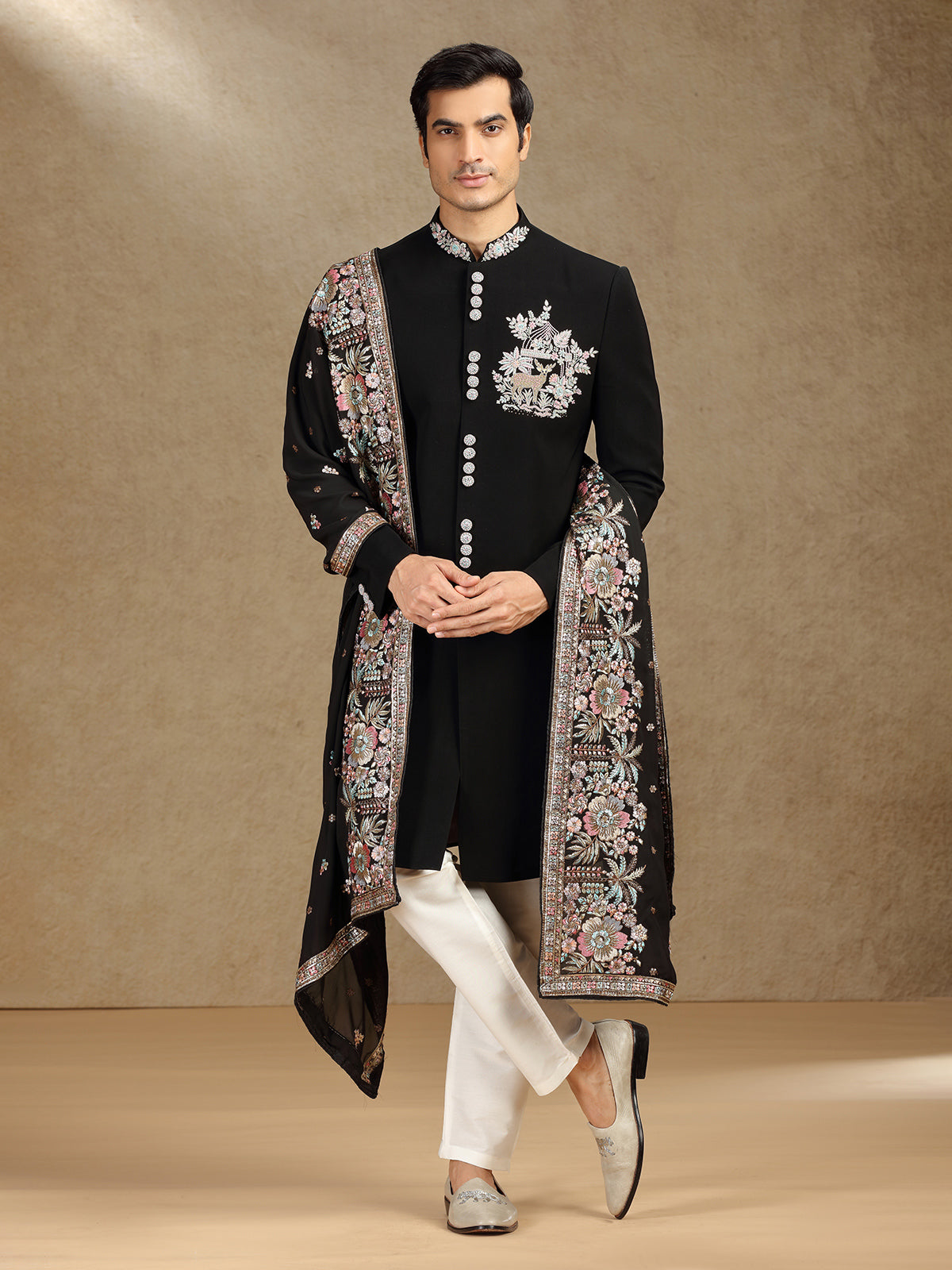 Elegant Black Terry Rayon Indo-Western Set for Men with Dupatta