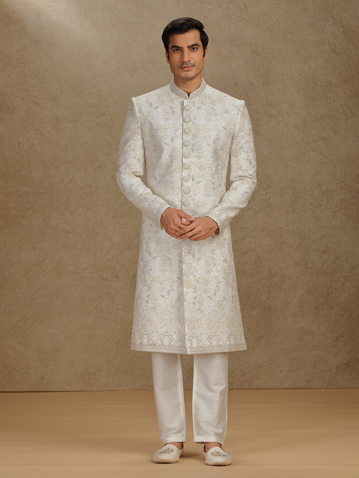 Classic cream silk sherwani with fine thread work