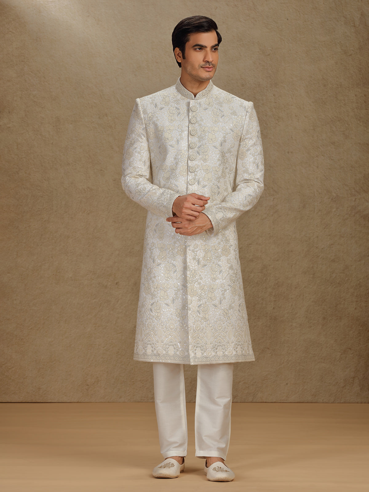 Classic cream silk sherwani with fine thread work