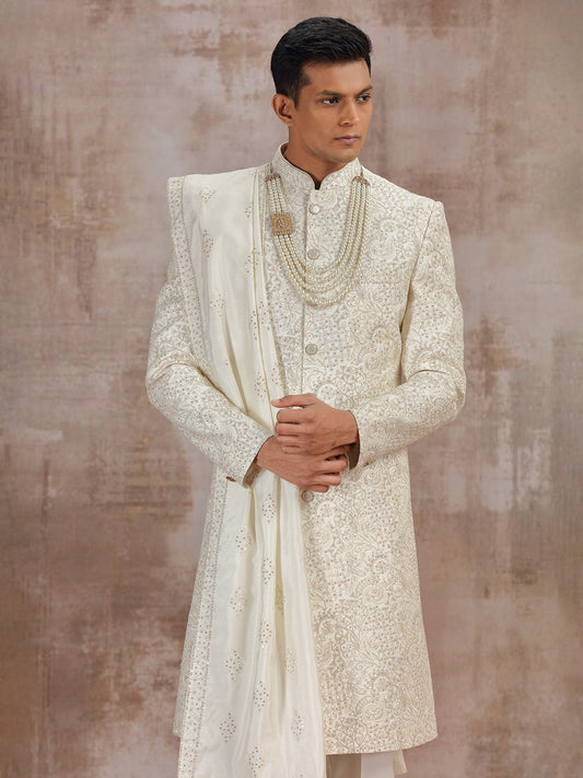 Men’s Cream Silk Sherwani Set with Dupatta for Weddings