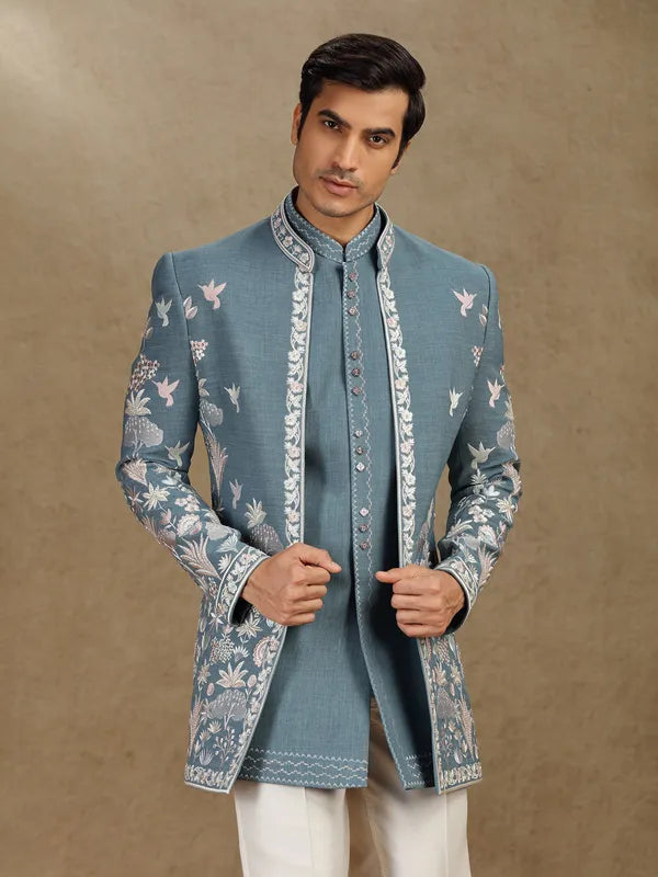 Charcoal Cotton Indo-Western Ensemble for Wedding Occasions