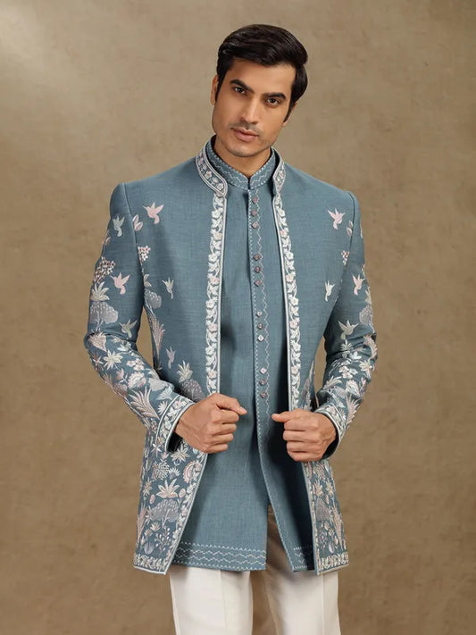 Charcoal Cotton Indo-Western Ensemble for Wedding Occasions