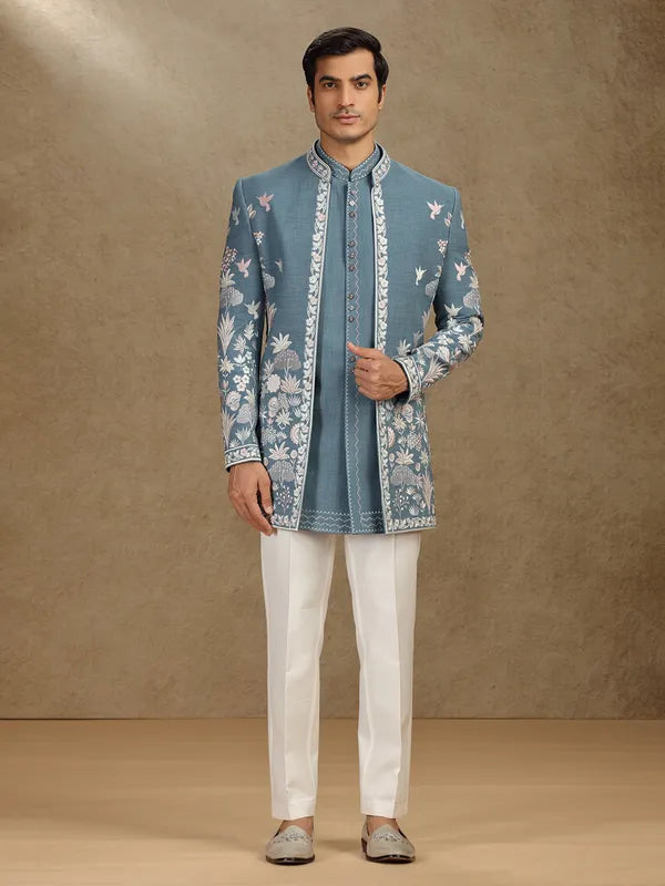 Charcoal Cotton Indo-Western Ensemble for Wedding Occasions