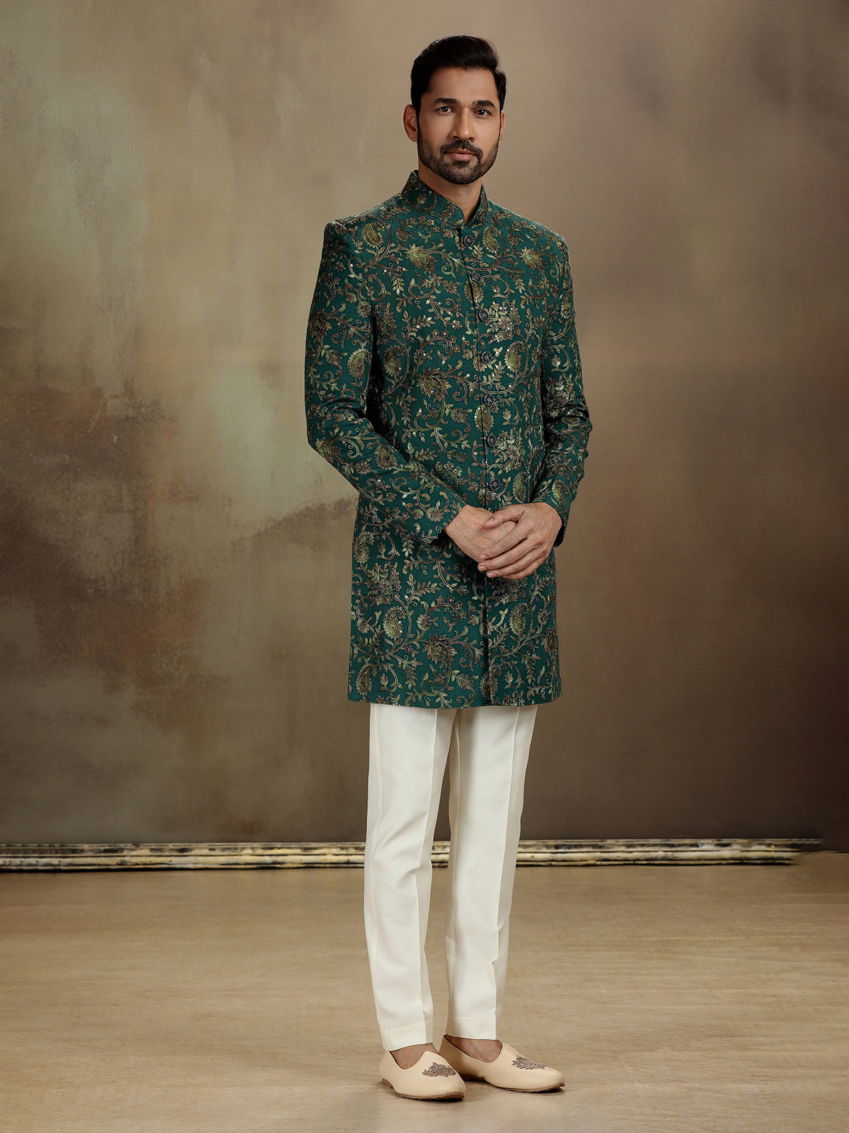 Charming Indo-Western Attire in Green Modal Silk for Celebrations