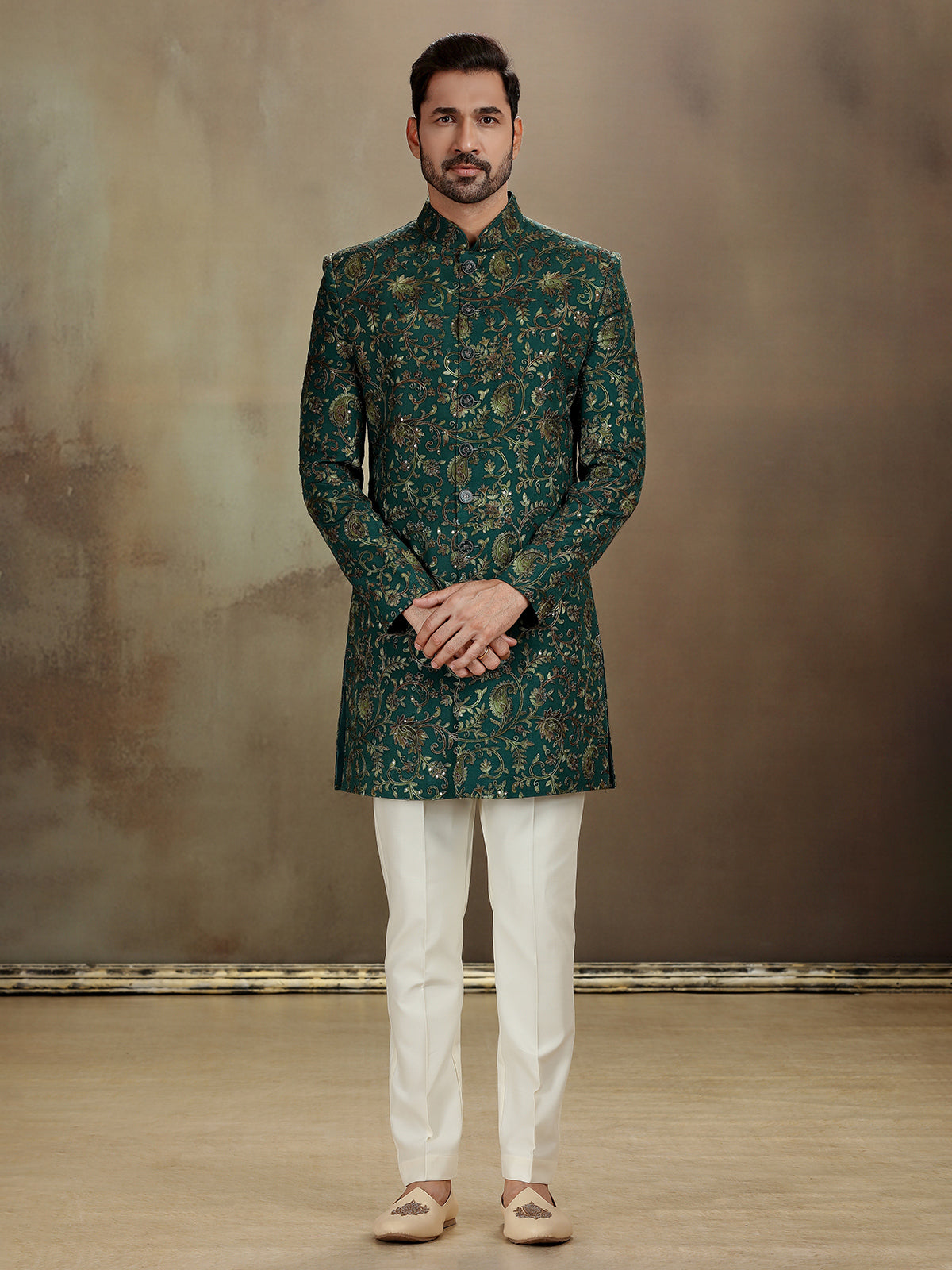 Charming Indo-Western Attire in Green Modal Silk for Celebrations