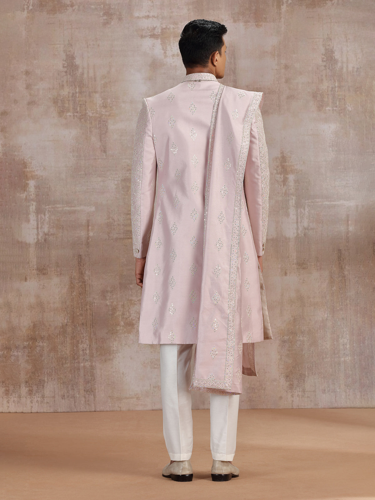 Light pink silk sherwani with dupatta for wedding