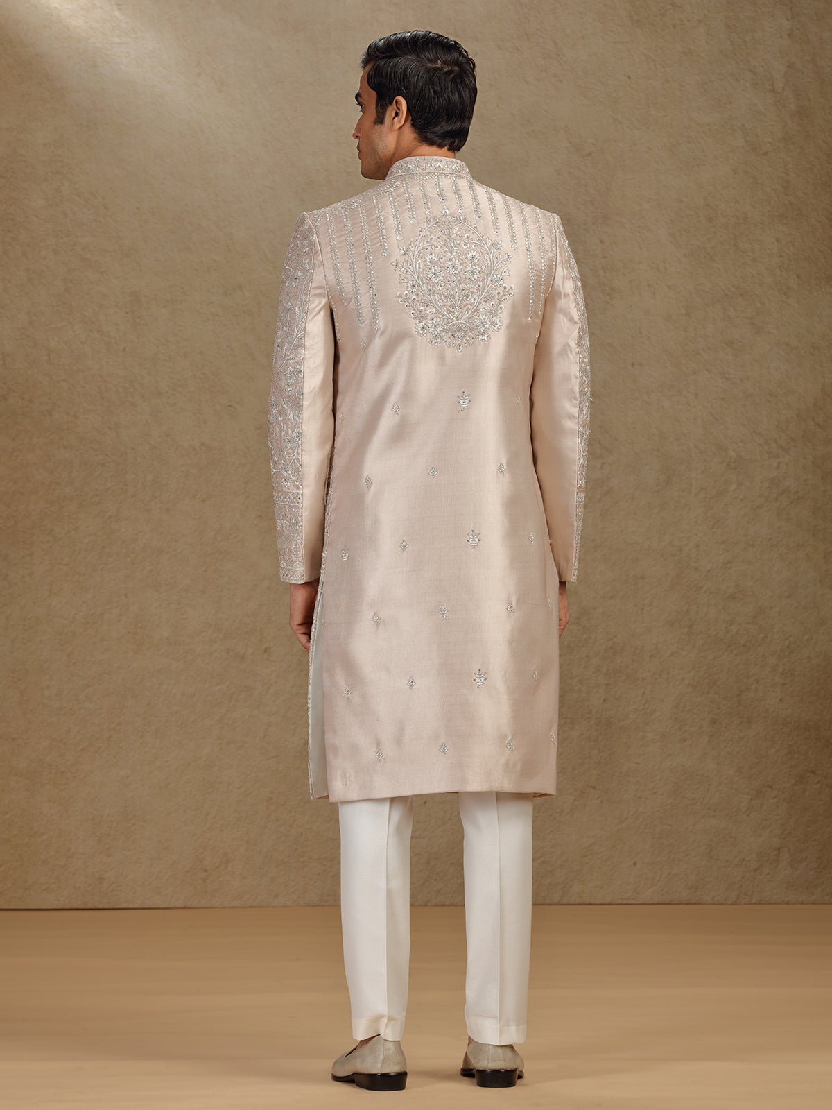 Elegant Cream Silk Sherwani Featuring Subtle Diamond Highlights