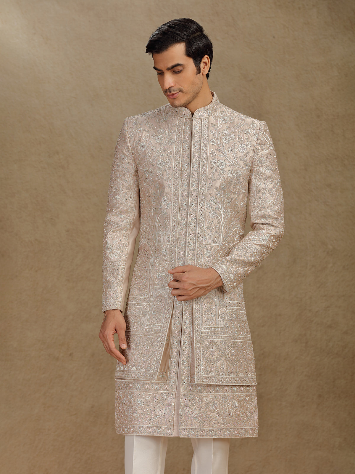 Elegant Cream Silk Sherwani Featuring Subtle Diamond Highlights