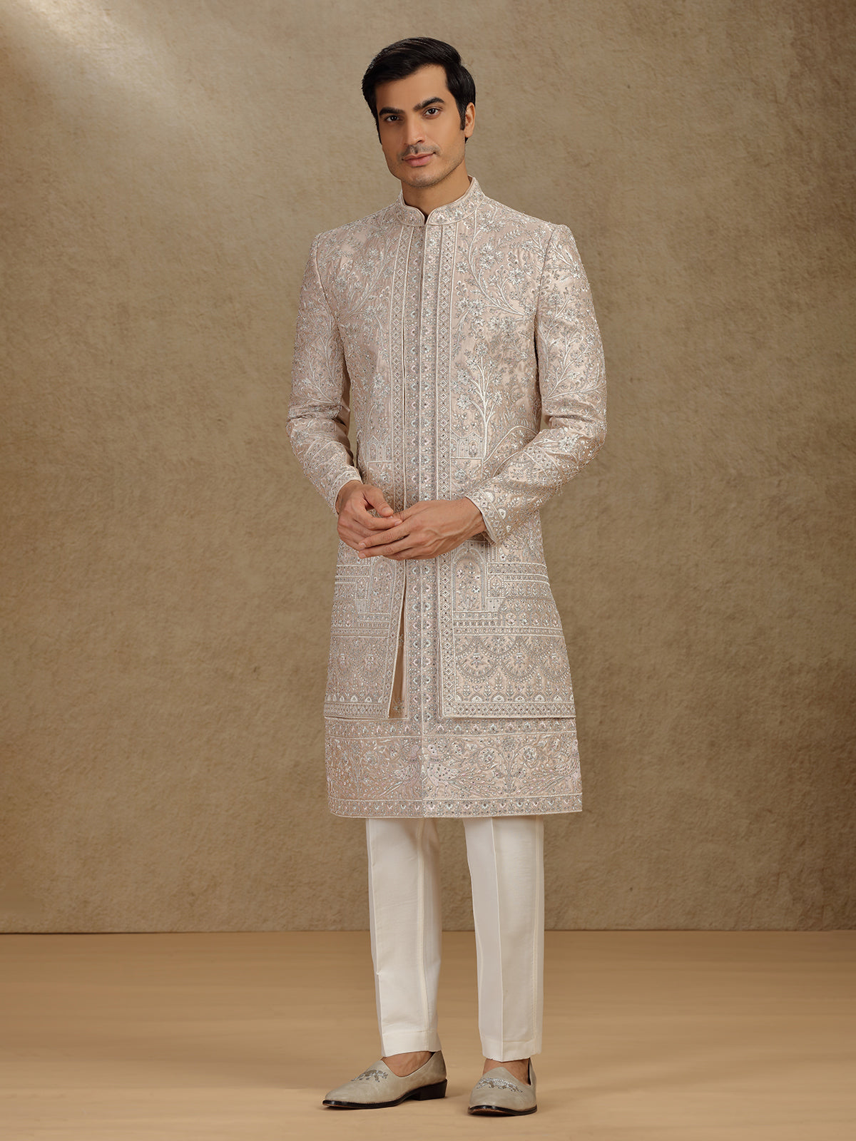 Elegant Cream Silk Sherwani Featuring Subtle Diamond Highlights