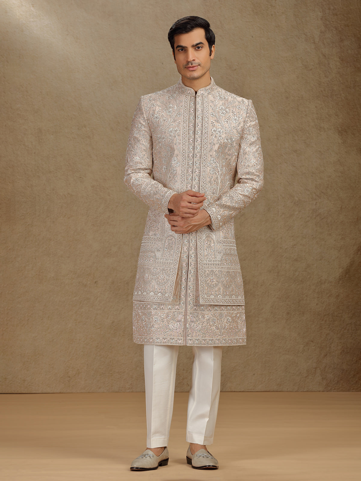 Elegant Cream Silk Sherwani Featuring Subtle Diamond Highlights