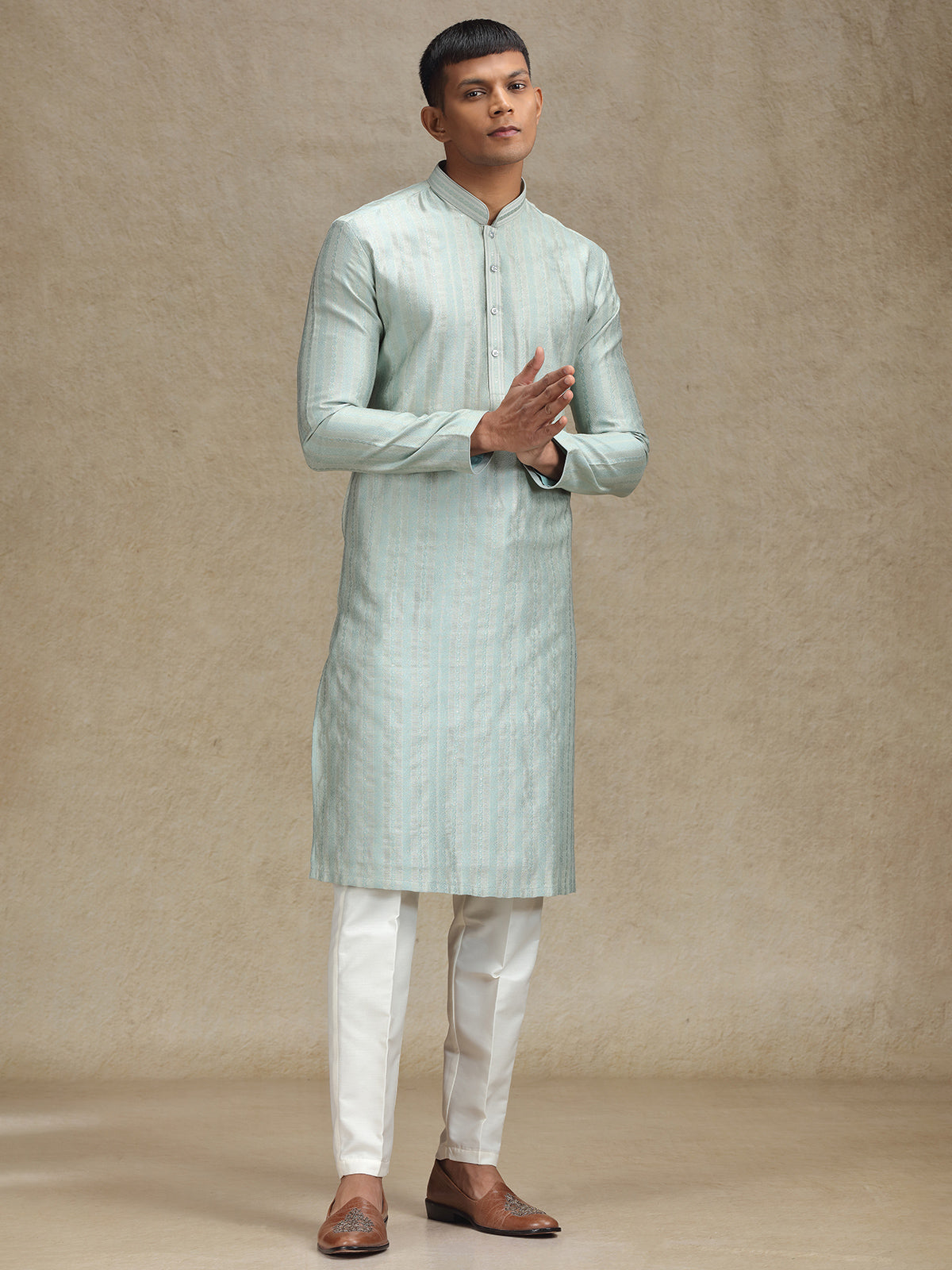 Contemporary Mint Green Kurta Pajama Set with Textured Pattern