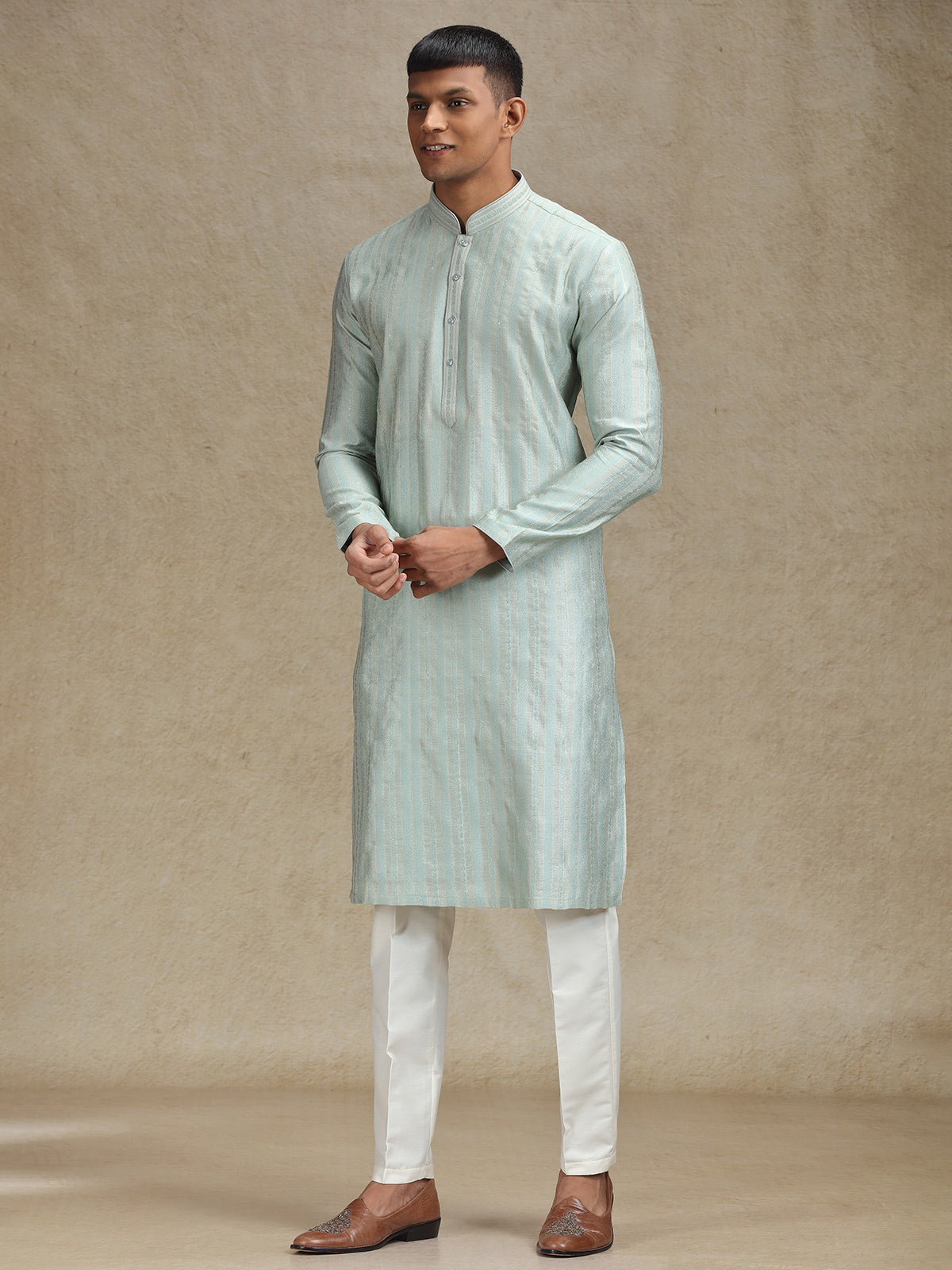 Contemporary Mint Green Kurta Pajama Set with Textured Pattern