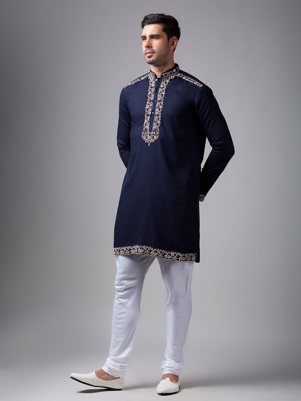 Elegant Navy Silk Kurta Pajama with Handwork for Men