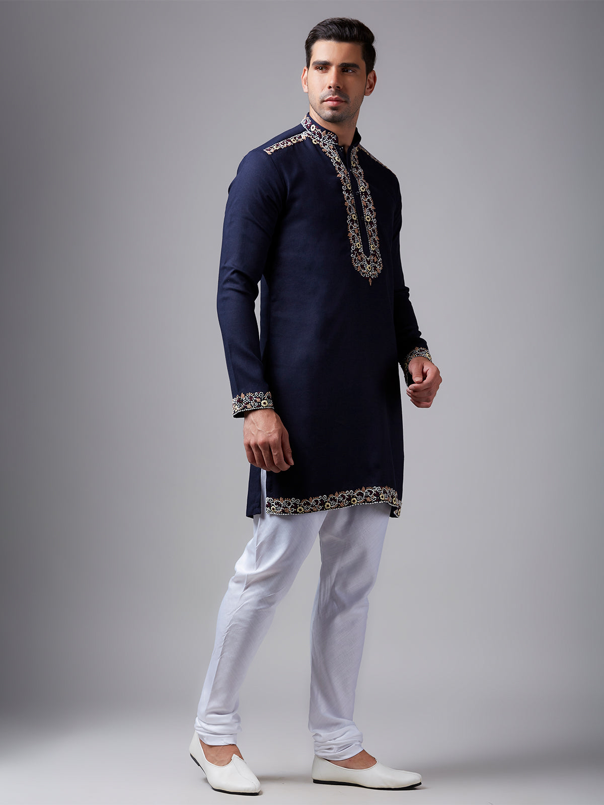 Elegant Navy Silk Kurta Pajama with Handwork for Men