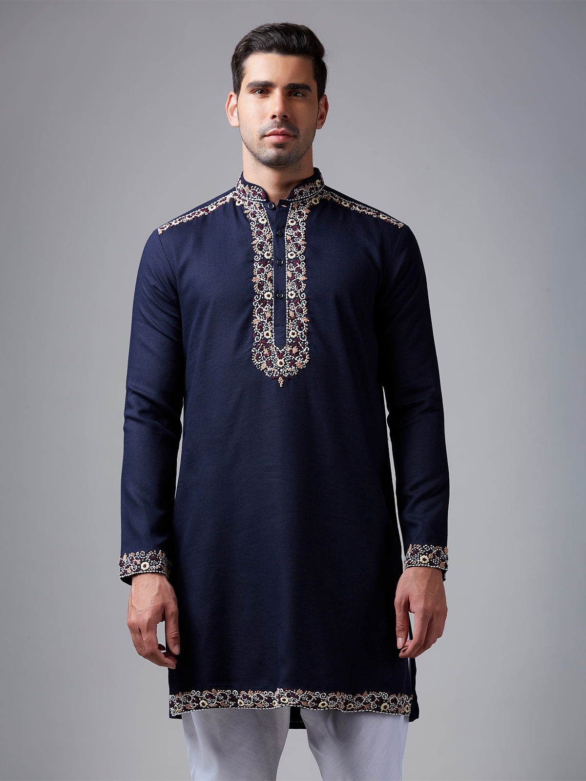 Elegant Navy Silk Kurta Pajama with Handwork for Men