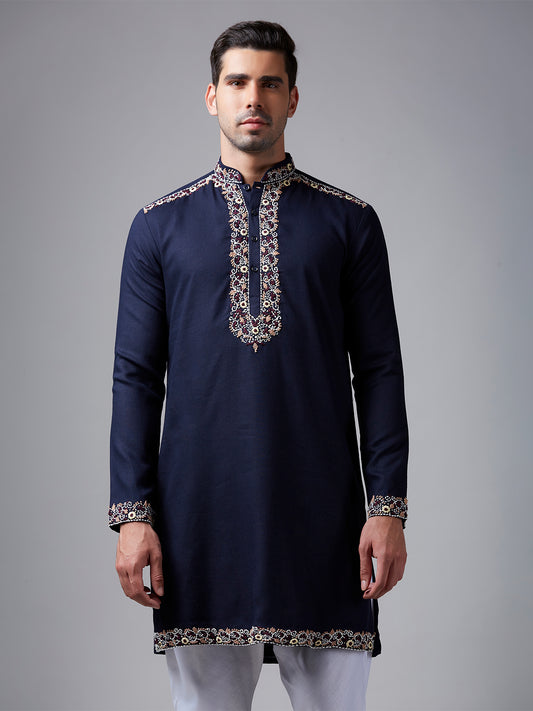 Elegant Navy Silk Kurta Pajama with Handwork for Men