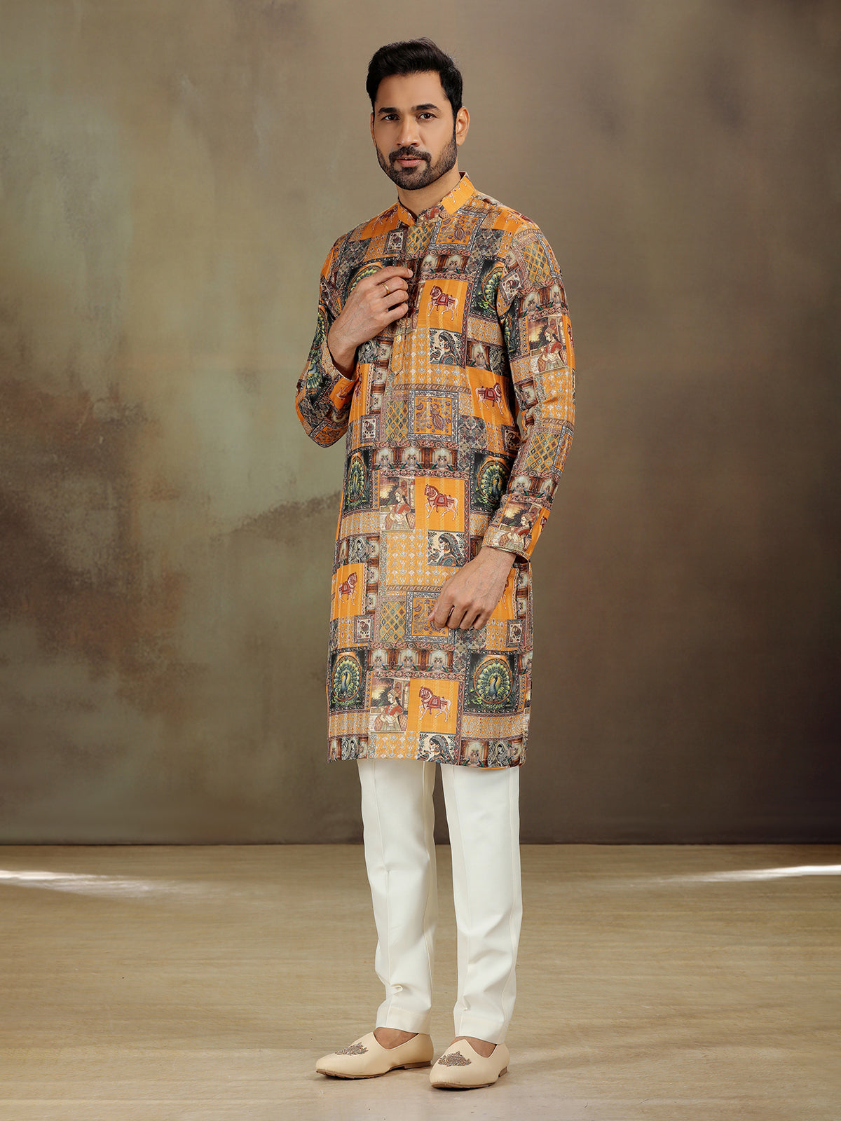 Stylish Mustard Kurta in Satin with Printed Accents
