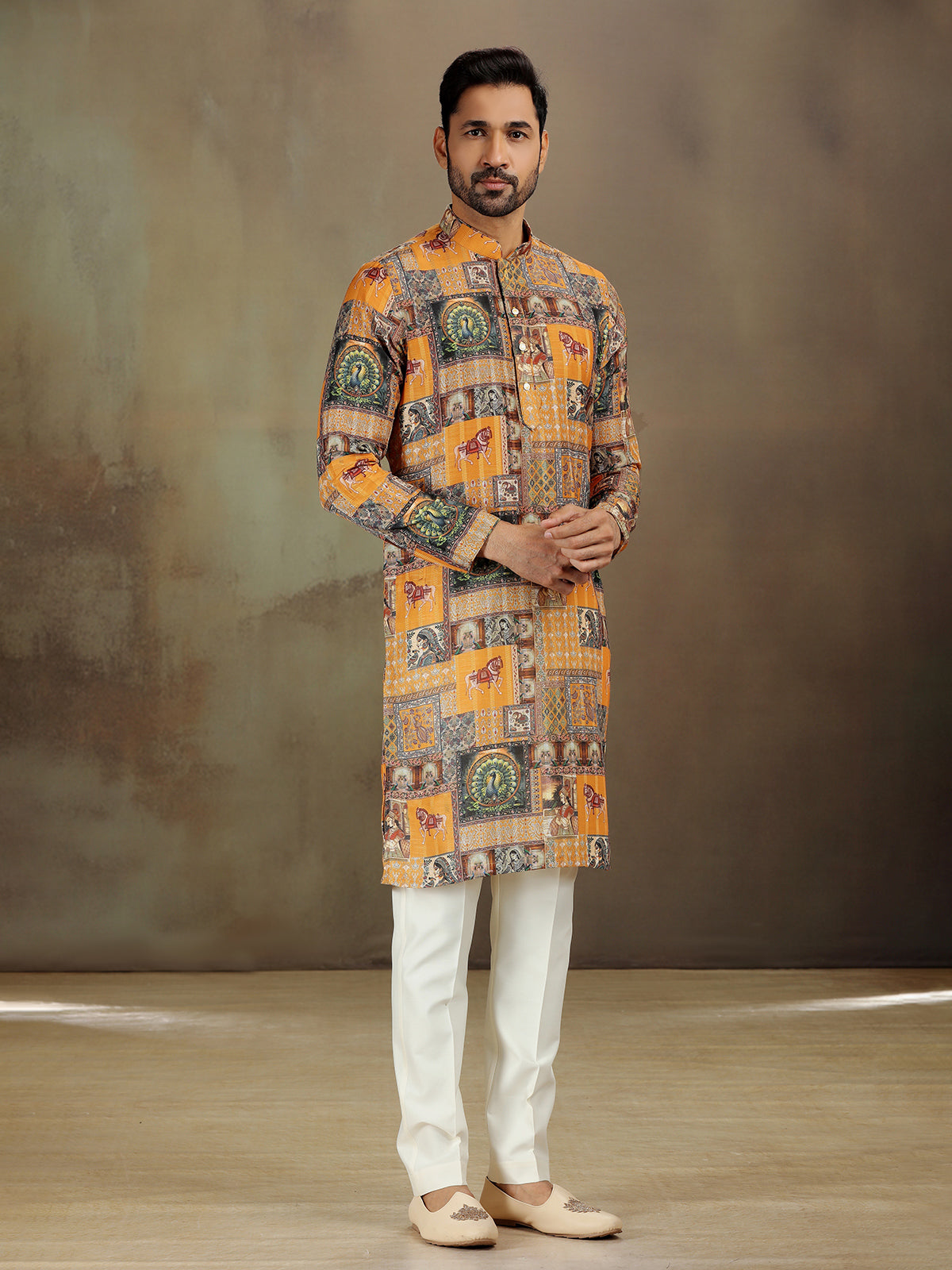 Stylish Mustard Kurta in Satin with Printed Accents