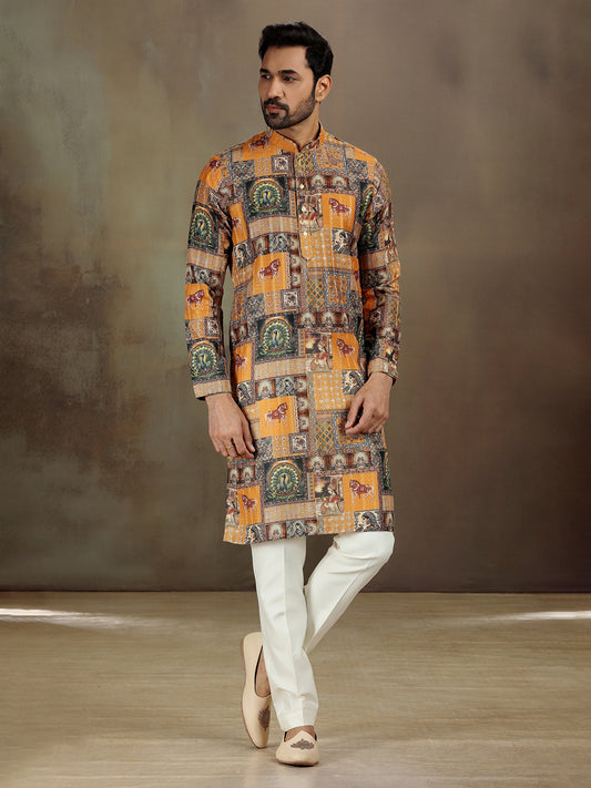 Stylish Mustard Kurta in Satin with Printed Accents