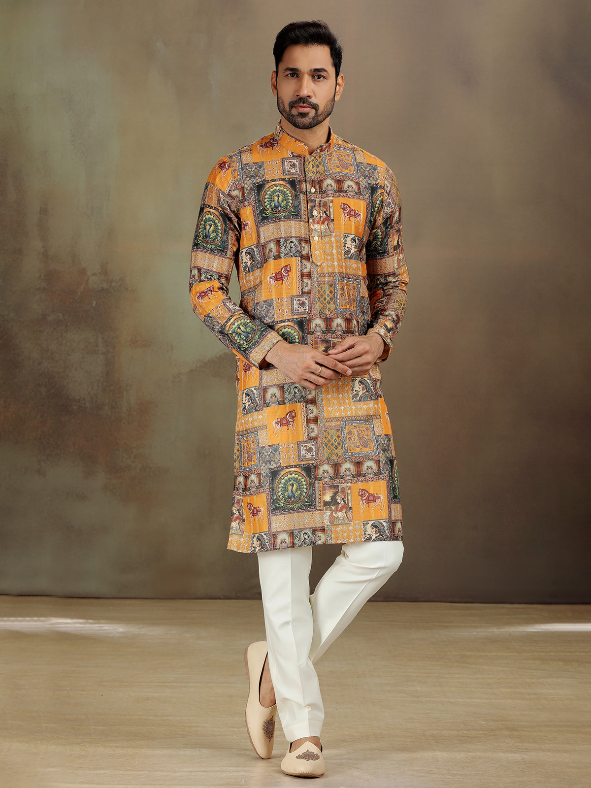 Stylish Mustard Kurta in Satin with Printed Accents