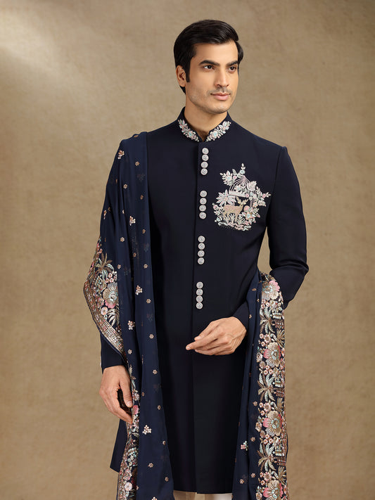 Navy Terry Rayon Indo-Western Dress Paired with Dupatta for Weddings