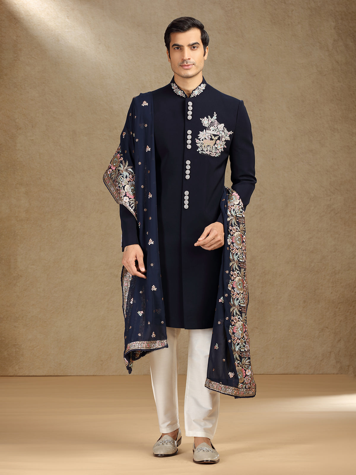 Navy Terry Rayon Indo-Western Dress Paired with Dupatta for Weddings