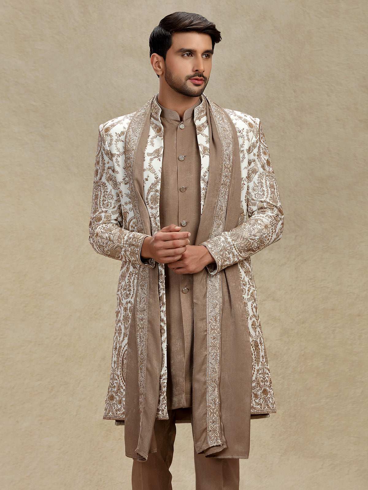 Elegant Off-White Indo-Western Ensemble with Embroidery and Dupatta