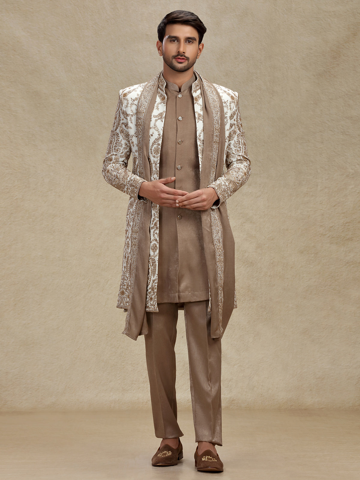Elegant Off-White Indo-Western Ensemble with Embroidery and Dupatta