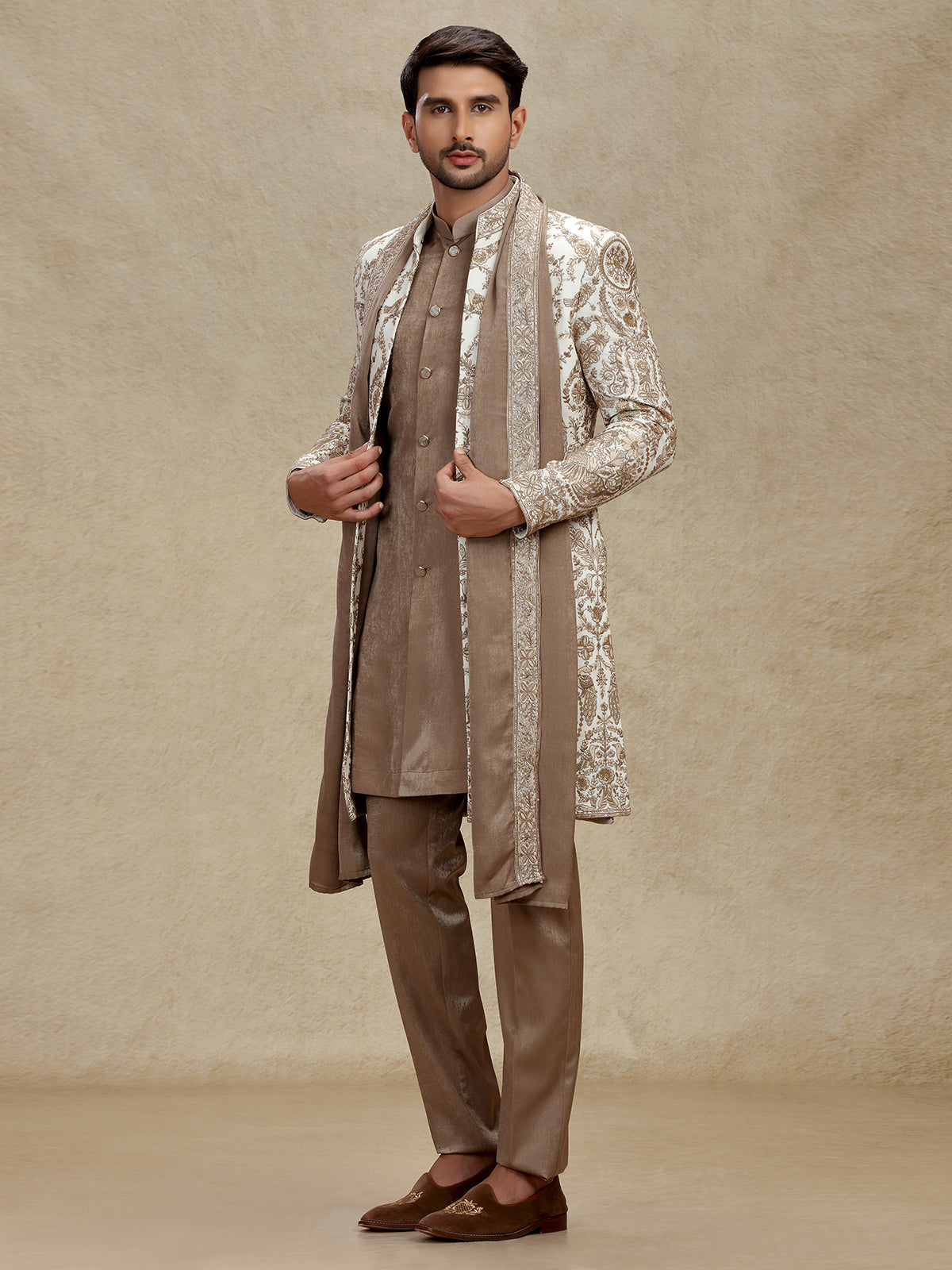 Elegant Off-White Indo-Western Ensemble with Embroidery and Dupatta