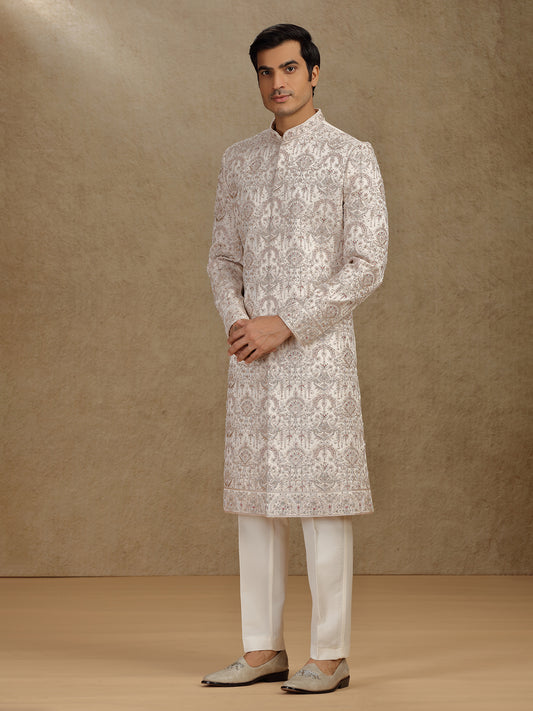 Elegant Cream Silk Sherwani Featuring Subtle Diamond Highlights